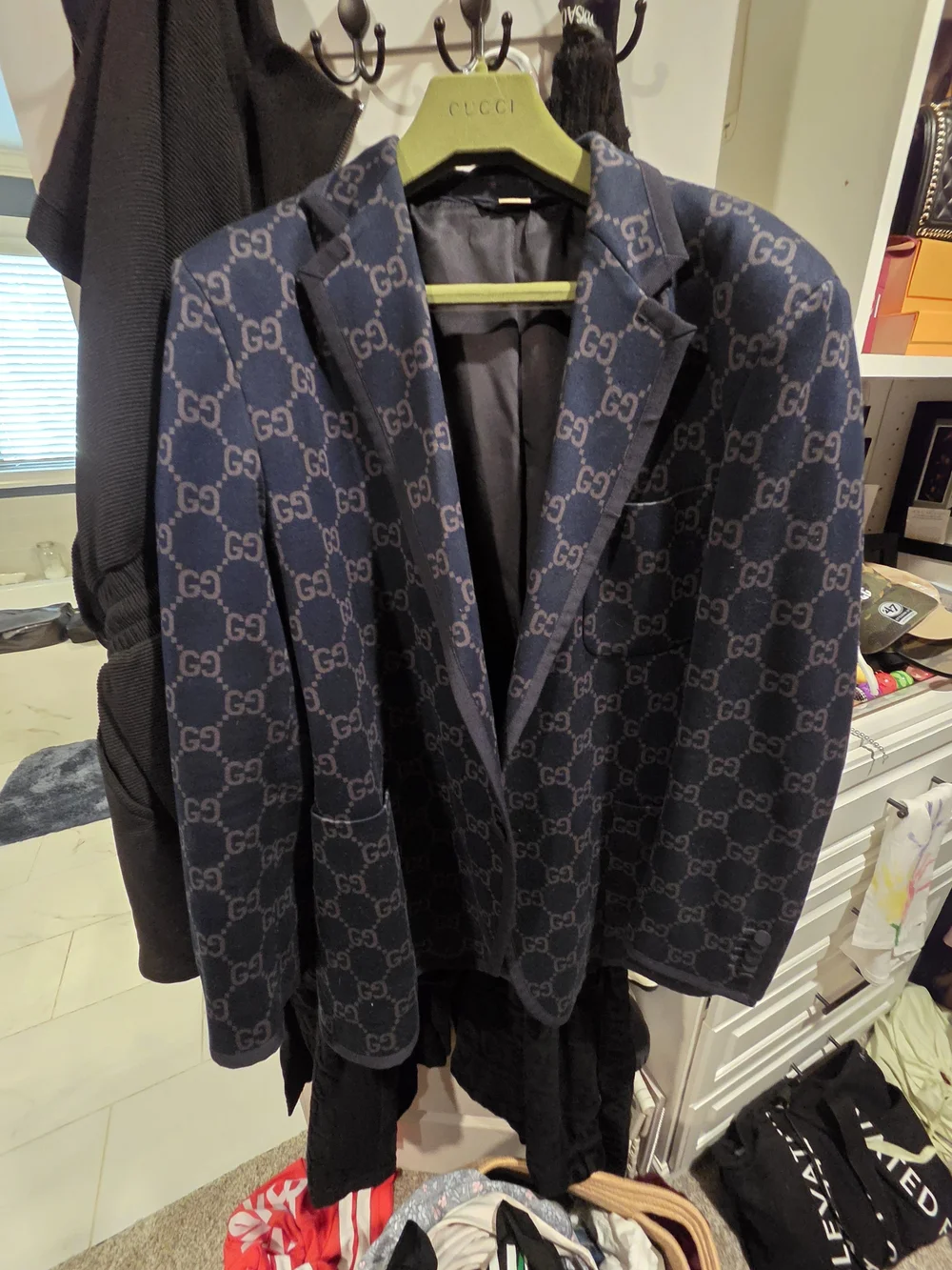 Gucci Navy and Gray Monogram Jacquard Blazer Size 58 (GUCCI)